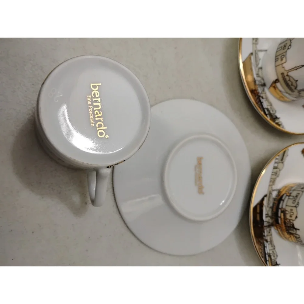 Bernardo Fine Porcelain Turkish Coffee 6 Cups 6 Saucers Skyline Birds Gold Tea